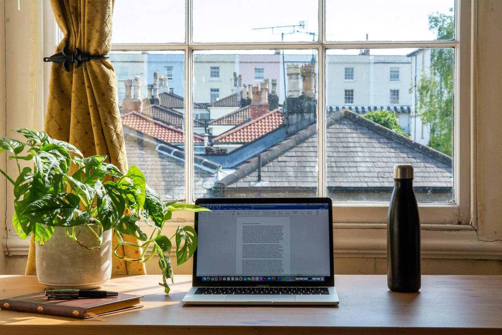 An open laptop on a wooden desk in front of a sunlit window, with a potted plant, a notebook, and a water bottle